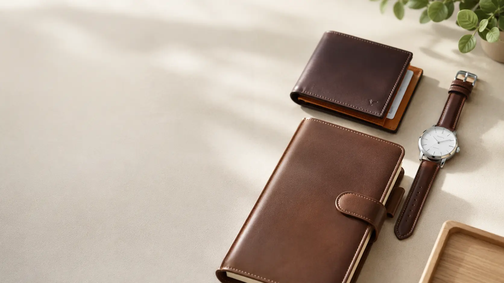 Premium leather wallet, notebook cover, and wristwatch arranged neatly on a bright modern desk, creating a clean professional workspace with minimalist styling and ample space for website content.